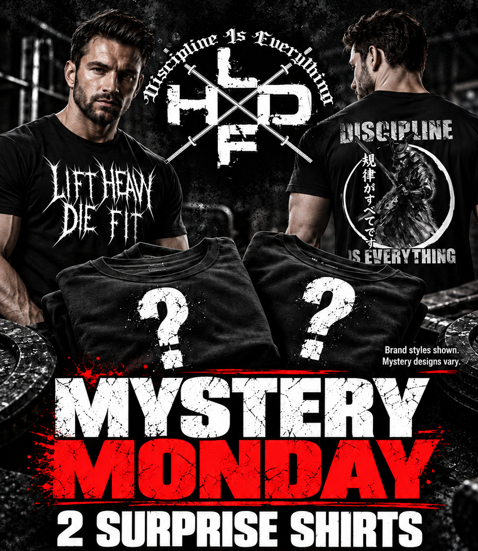 Mystery Box Mondays promo: two surprise Lift Heavy Die Fit gym shirts for $15, available Mondays only