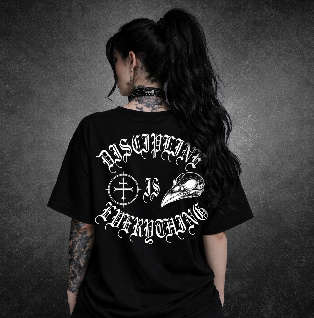 Discipline Is Everything V2 pump cover tee back view on model, black cotton blend unisex gym shirt by Lift Heavy Die Fit