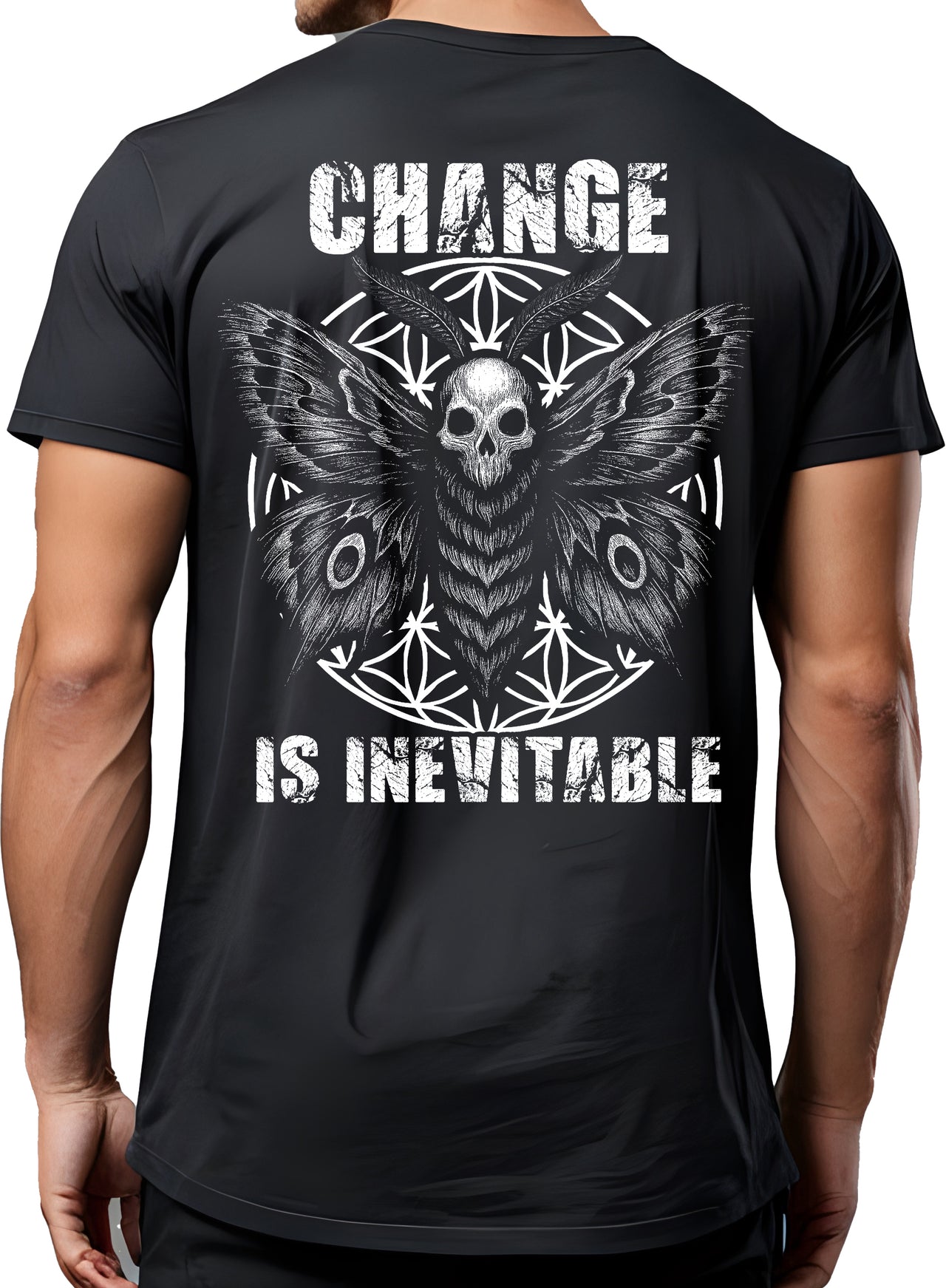 Death's Head Moth pump cover gym tee back view on model showing full moth and sigil graphic on black fabric
