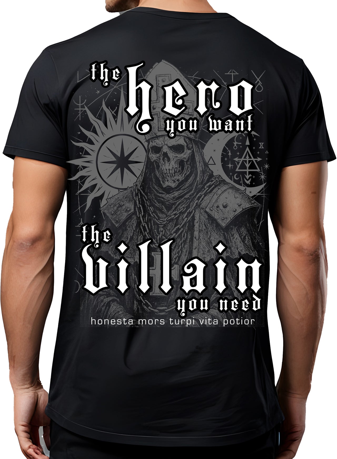 Hero You Want Villain You Need pump cover back view showing Evil Pope gothic artwork on black unisex gym tee