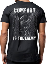 Comfort Is The Enemy Phoenix pump cover back view on model, large phoenix graphic and text on black oversized gym tee