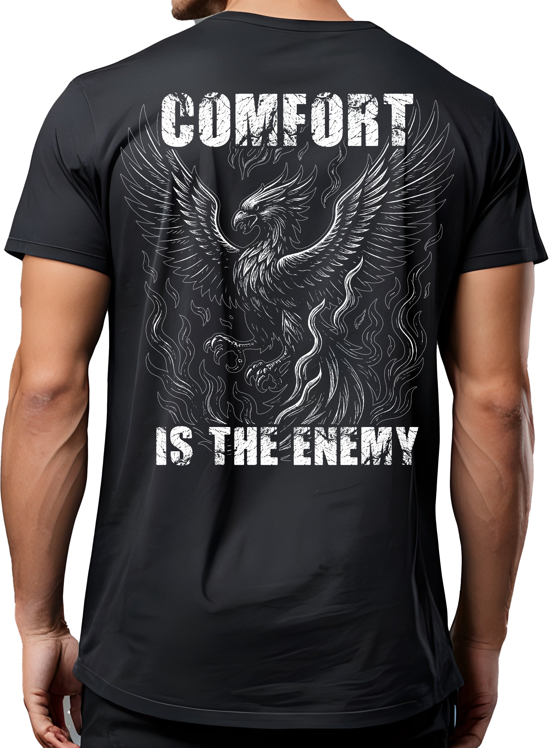 Comfort Is The Enemy Phoenix pump cover back view on model, large phoenix graphic and text on black oversized gym tee
