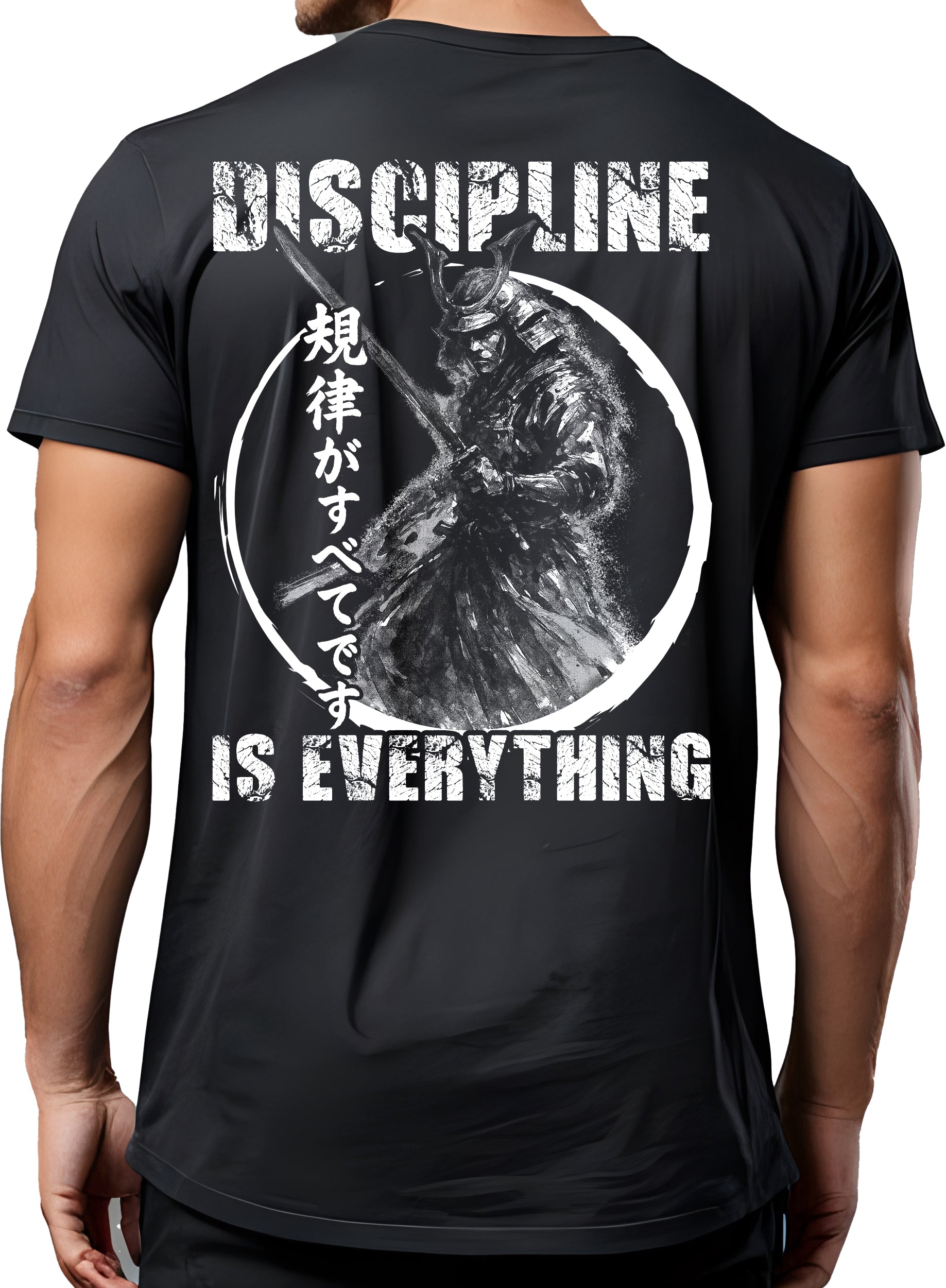 Discipline Is Everything Samurai pump cover back view on model showing oversized fit black heavyweight cotton gym tee