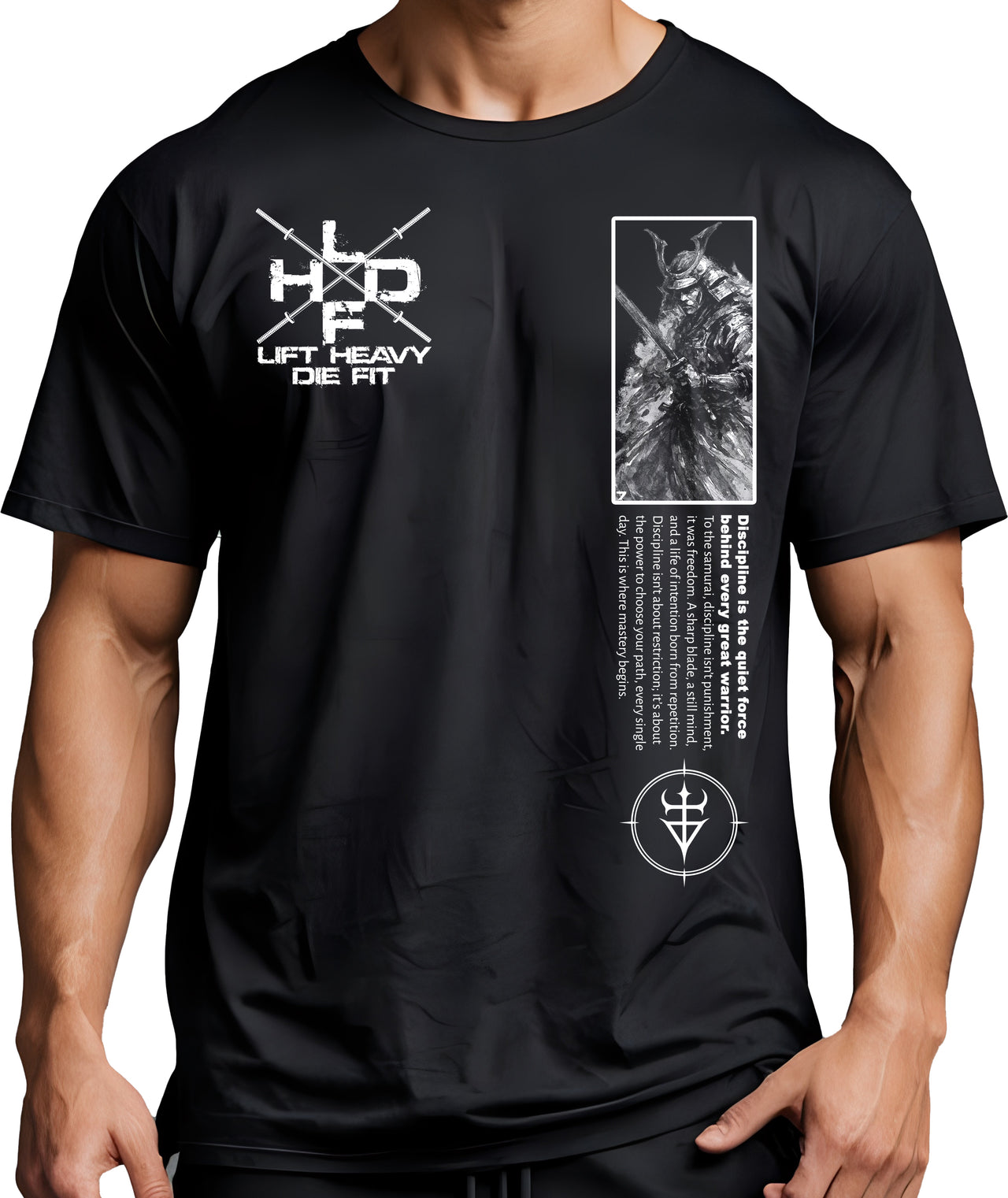 Discipline Is Everything Samurai pump cover front view on model showing white samurai graphic on black oversized gym shirt