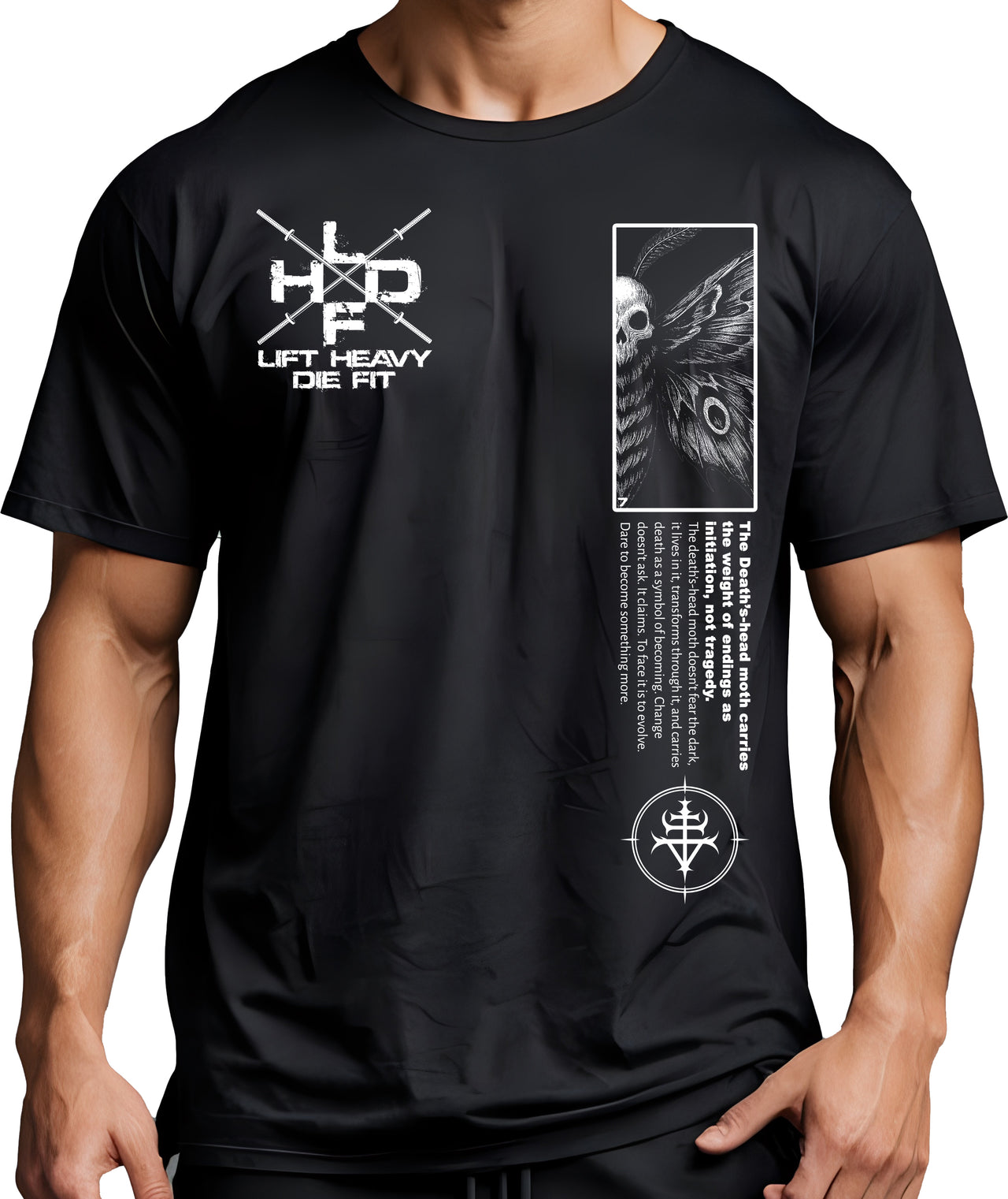 Death's Head Moth pump cover gym tee front view on model in black showing relaxed oversized unisex fit