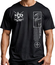 Comfort Is The Enemy Phoenix pump cover front view on model, phoenix and sigil print on black oversized unisex gym shirt