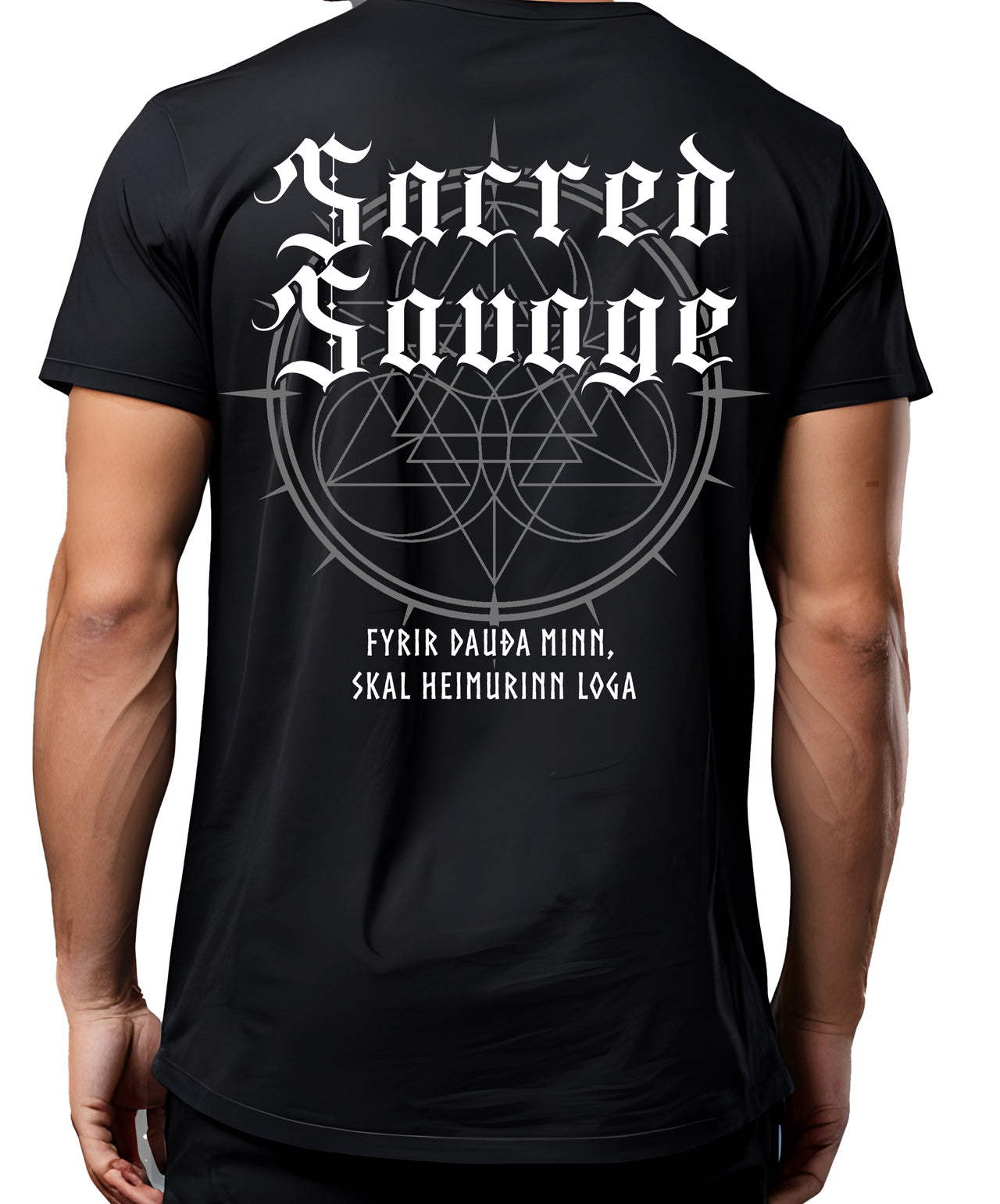 Sacred Savage heavyweight gym shirt back view on model showing Old English lettering and Icelandic script on black cotton