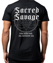 Sacred Savage heavyweight gym shirt back view on model showing Old English lettering and Icelandic script on black cotton