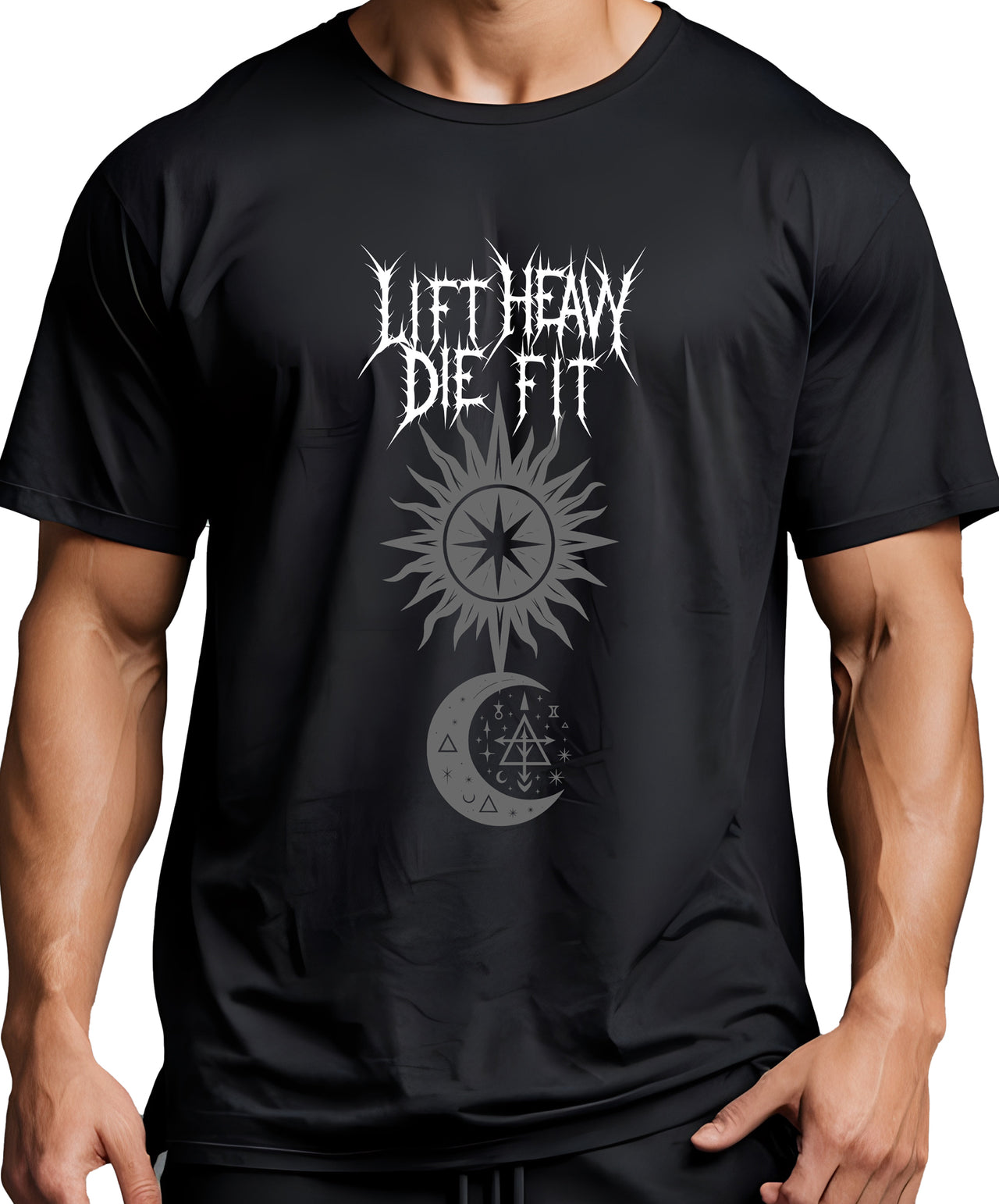 Hero You Want Villain You Need pump cover front view on model showing death metal insignia on black oversized tee