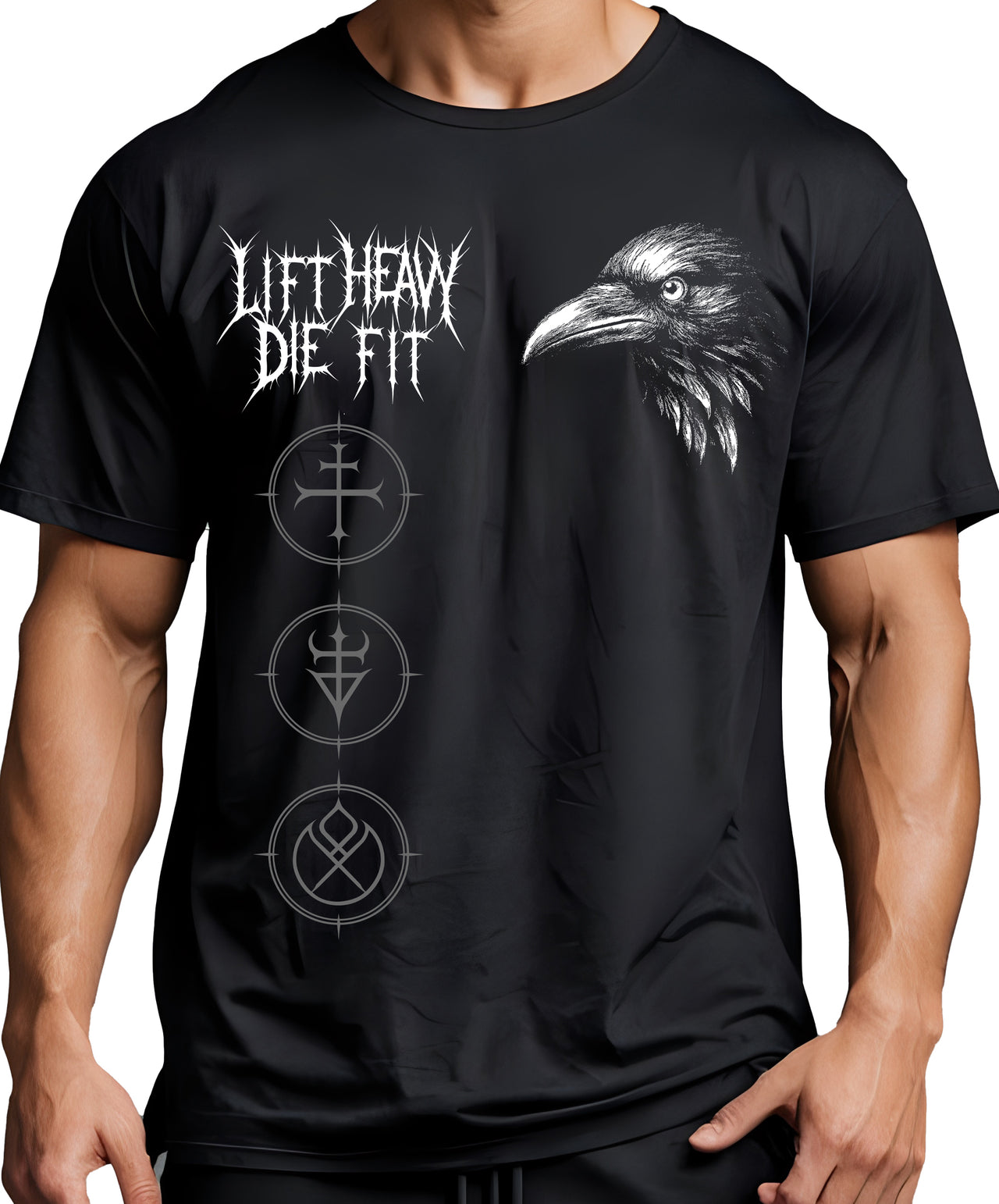 Sacred Savage heavyweight gym shirt front view on model showing hand bleached sigil marks on black cotton pump cover