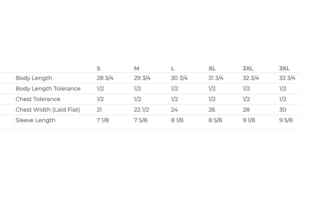Comfort Is The Enemy Phoenix pump cover size chart showing unisex oversized fit measurements for all available sizes