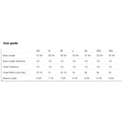Sacred Savage pump cover unisex sizing chart with detailed chest and length measurements for men and women