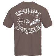 Discipline Is Everything V2 pump cover tee flat lay back, shitake colorway unisex gym shirt by Lift Heavy Die Fit