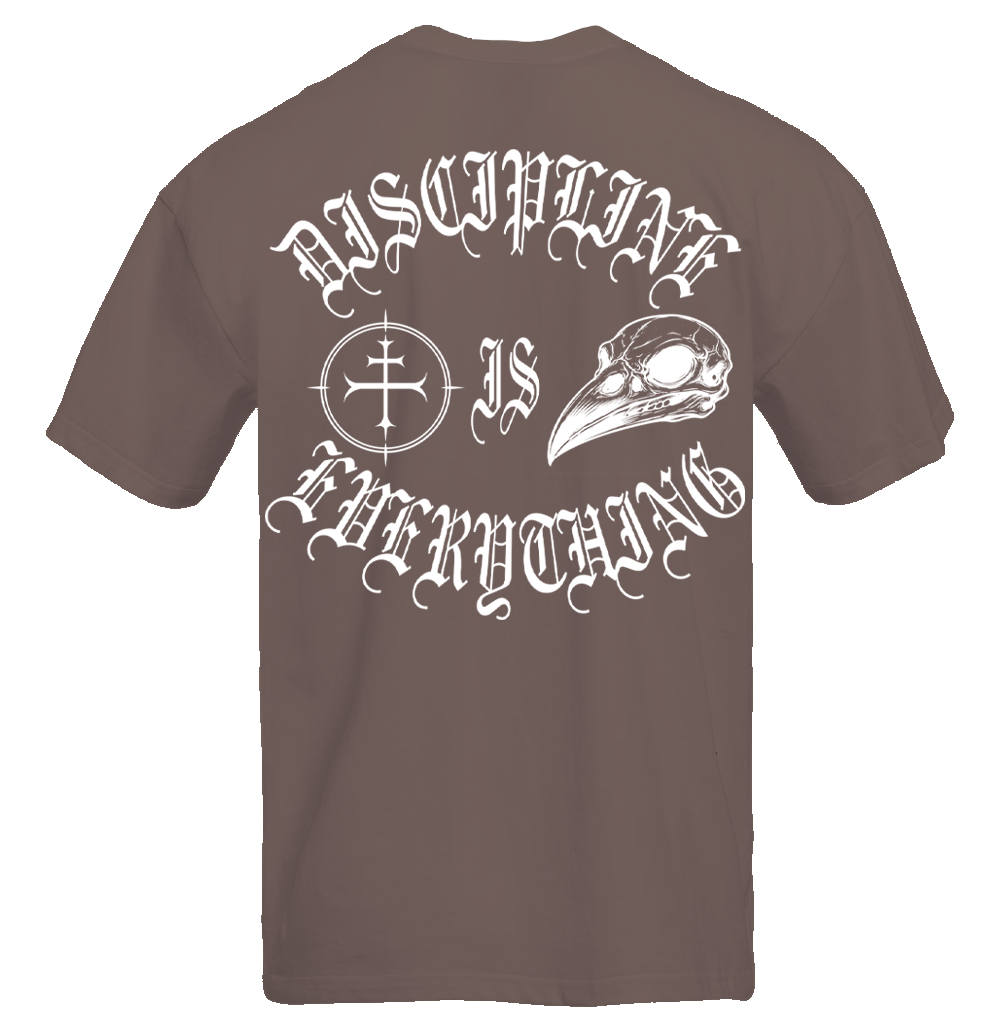 Discipline Is Everything V2 pump cover tee flat lay back, shitake colorway unisex gym shirt by Lift Heavy Die Fit