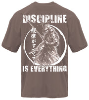 Discipline Is Everything Samurai pump cover back flat lay showing back print detail on black oversized unisex gym shirt