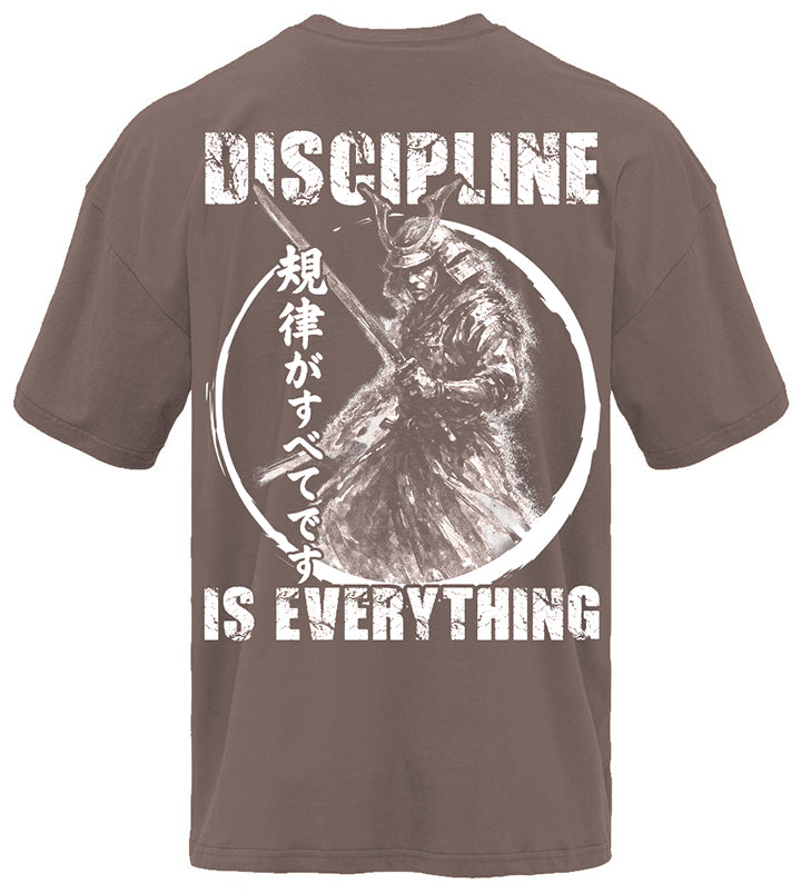 Discipline Is Everything Samurai pump cover back flat lay showing back print detail on black oversized unisex gym shirt