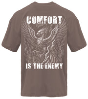 Comfort Is The Enemy Phoenix pump cover flat lay back in smoke colorway, oversized tee with phoenix back graphic