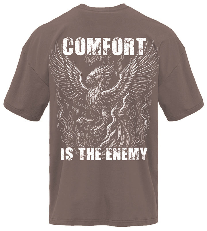 Comfort Is The Enemy Phoenix pump cover flat lay back in smoke colorway, oversized tee with phoenix back graphic