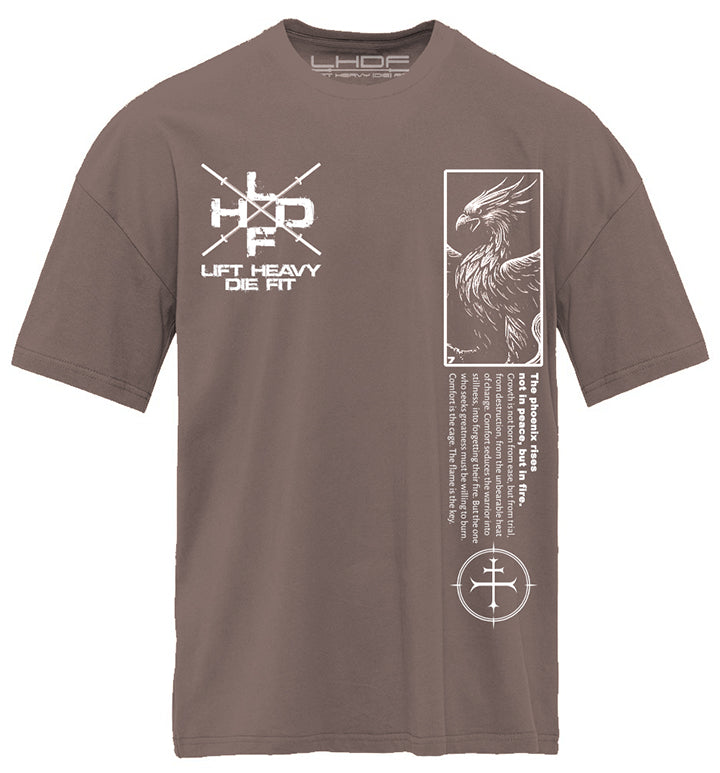 Comfort Is The Enemy Phoenix pump cover flat lay front in smoke colorway, oversized unisex gym tee with phoenix design