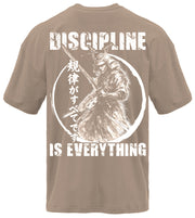 Discipline Is Everything Samurai pump cover tan colorway back view showing rear design on oversized unisex tee