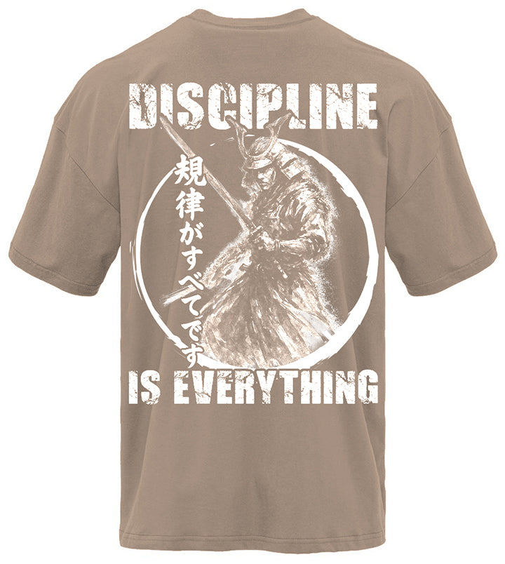 Discipline Is Everything Samurai pump cover tan colorway back view showing rear design on oversized unisex tee