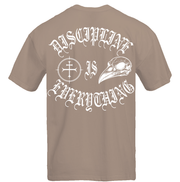 Discipline Is Everything V2 gym tee flat lay back, tan colorway unisex lifting pump cover by Lift Heavy Die Fit