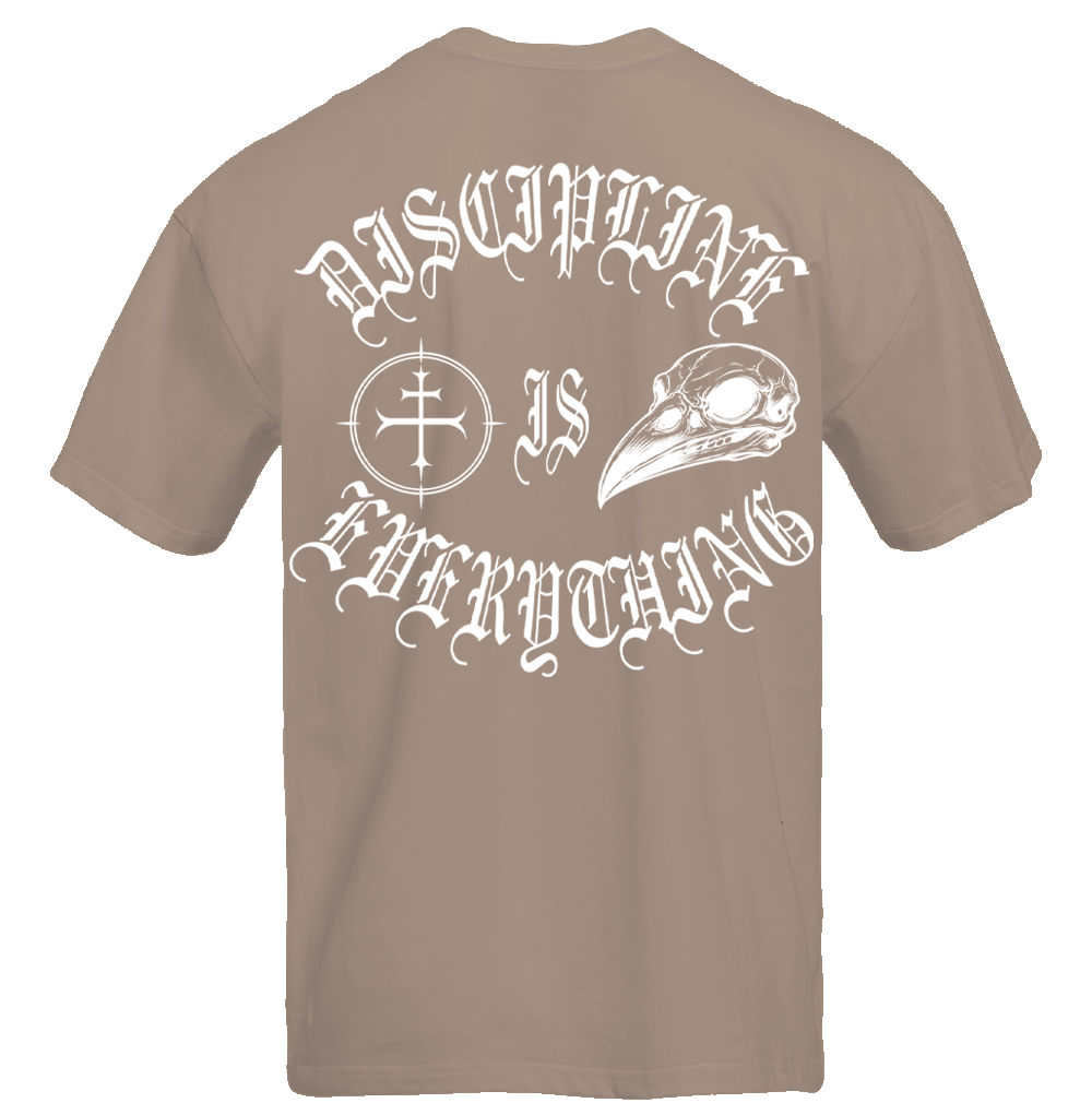 Discipline Is Everything V2 gym tee flat lay back, tan colorway unisex lifting pump cover by Lift Heavy Die Fit