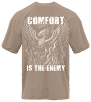 Comfort Is The Enemy Phoenix pump cover flat lay back in tan colorway, oversized gym shirt with phoenix print