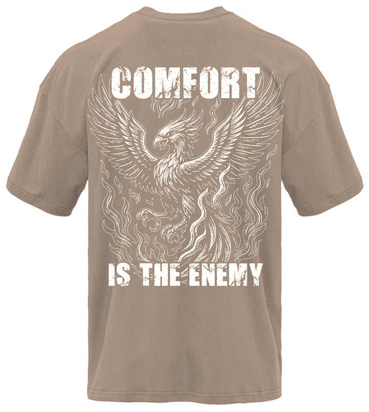 Comfort Is The Enemy Phoenix pump cover flat lay back in tan colorway, oversized gym shirt with phoenix print