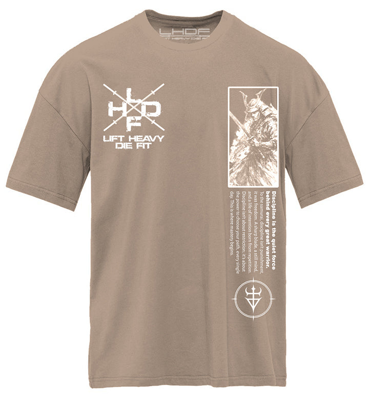 Discipline Is Everything Samurai pump cover tan colorway front view with samurai graphic on heavyweight cotton gym shirt