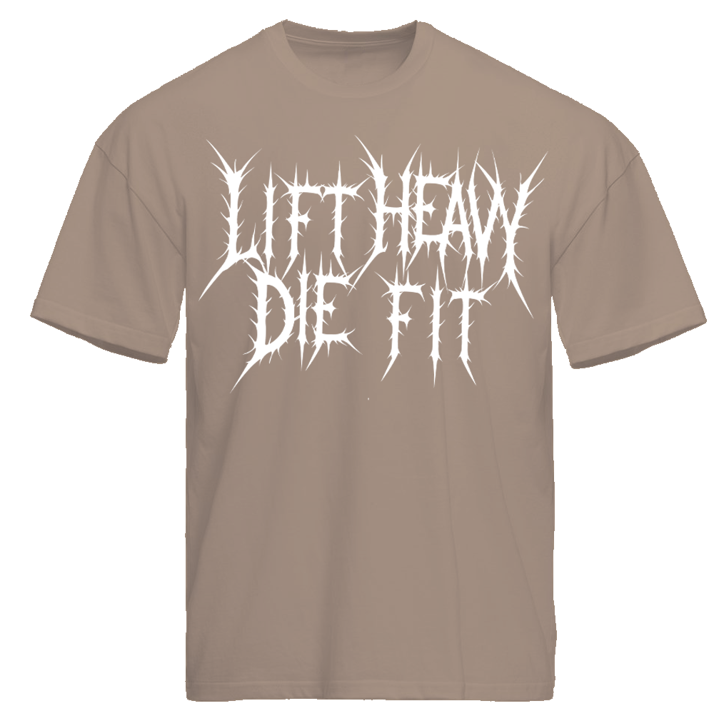 Discipline Is Everything V2 gym tee flat lay front, tan colorway medium weight cotton blend by Lift Heavy Die Fit
