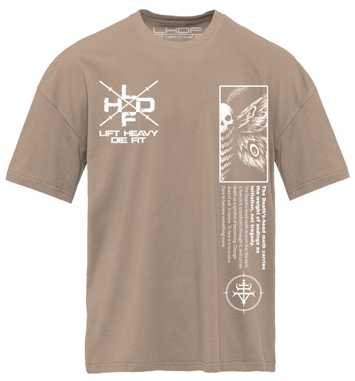 Death's Head Moth pump cover gym tee flat lay front view in tan colorway with chest detail