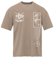 Comfort Is The Enemy Phoenix pump cover flat lay front in tan colorway, oversized unisex cotton gym tee
