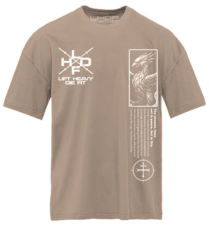 Comfort Is The Enemy Phoenix pump cover flat lay front in tan colorway, oversized unisex cotton gym tee