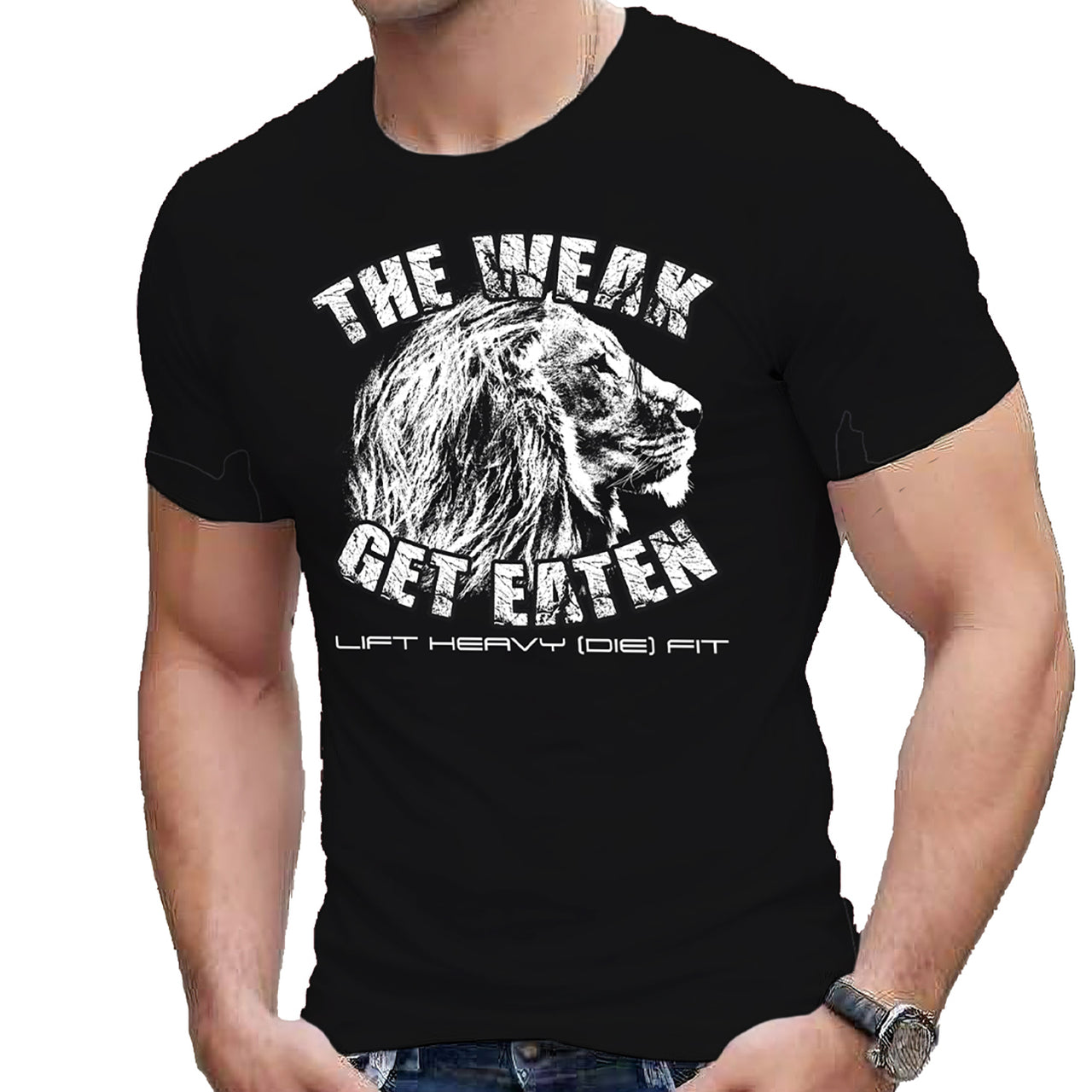 The Weak Get Eaten lion graphic t shirt front view, black tee with lion design printed in the USA, unisex regular fit