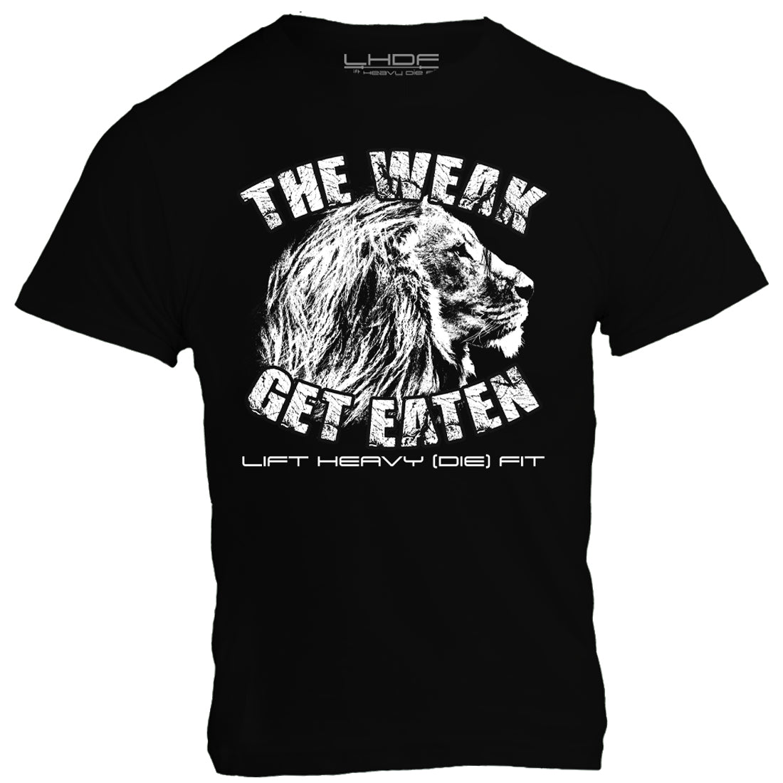 The Weak Get Eaten unisex black t shirt front detail, bold lion graphic on midweight cotton, regular fit for men and women