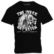 The Weak Get Eaten unisex black t shirt front detail, bold lion graphic on midweight cotton, regular fit for men and women