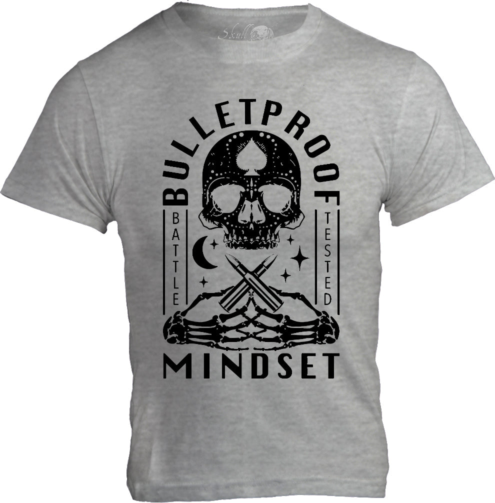 Bulletproof Mindset unisex t shirt in grey heather front view, regular fit motivational cotton tee printed in Southern California