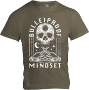 Bulletproof Mindset unisex t shirt in light olive front view, medium weight cotton graphic tee for gym and everyday wear