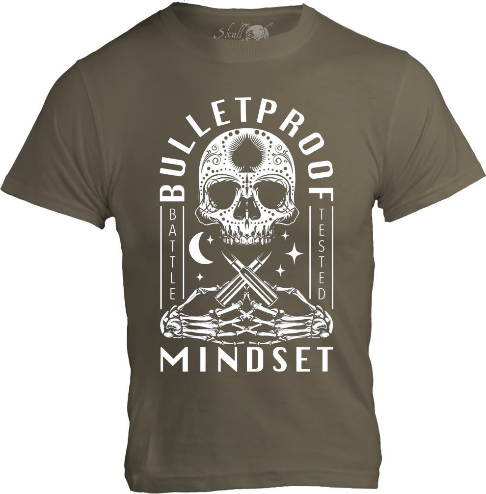 Bulletproof Mindset unisex t shirt in light olive front view, medium weight cotton graphic tee for gym and everyday wear