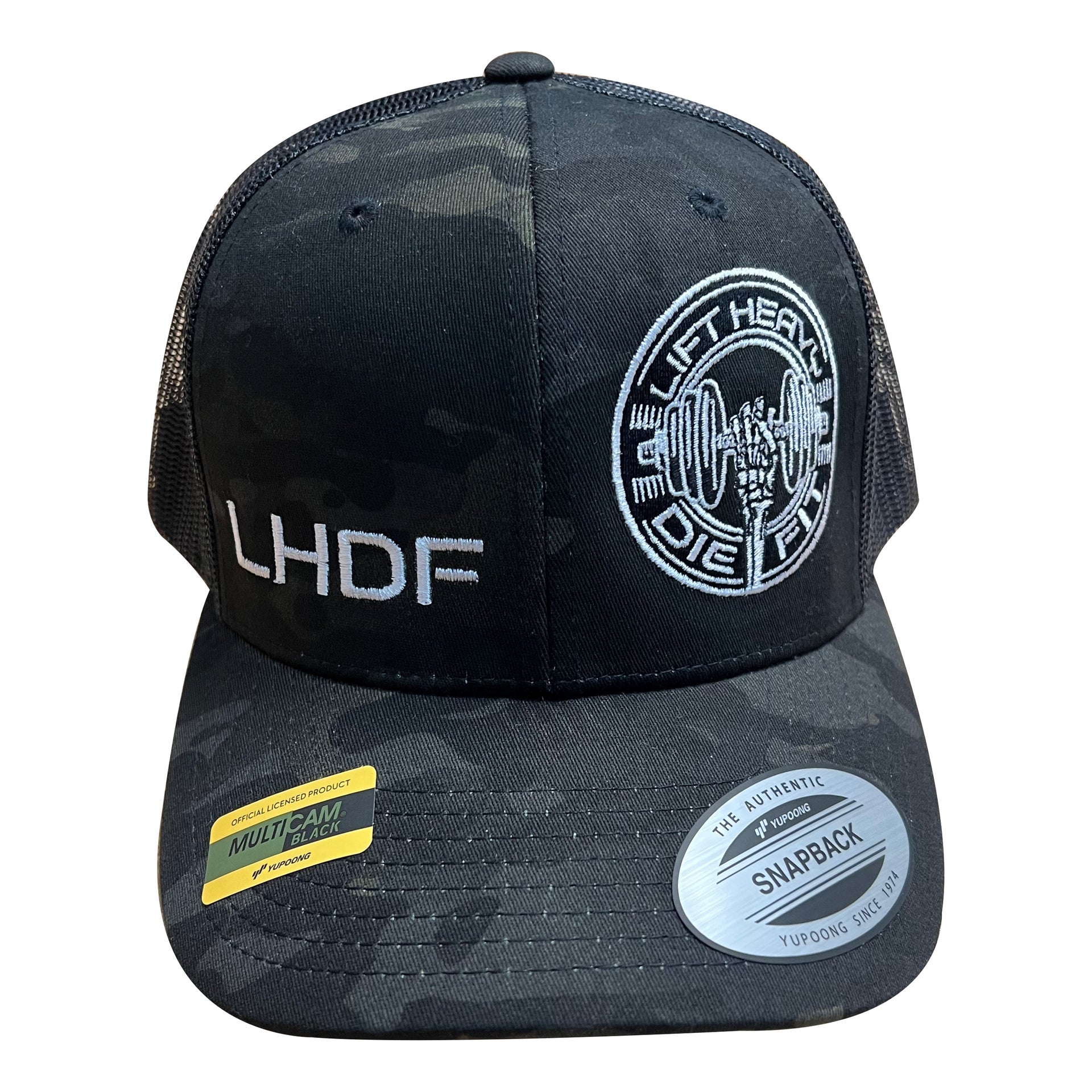 Lift Heavy Die Fit embroidered camo trucker cap front view showing bold embroidered text on five panel structured snapback for lifters