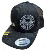 Lift Heavy Die Fit embroidered camo trucker cap left side view showing mesh back panel and plastic snapback closure for gym wear