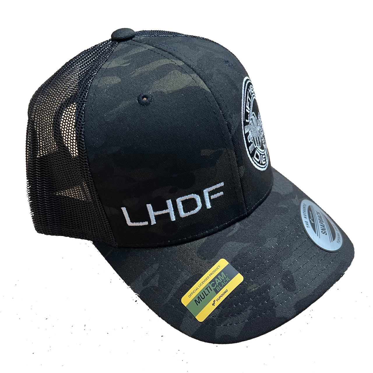 Lift Heavy Die Fit embroidered camo trucker cap right side view showing structured high profile crown and flat camo bill