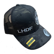 Lift Heavy Die Fit embroidered camo trucker cap right side view showing structured high profile crown and flat camo bill