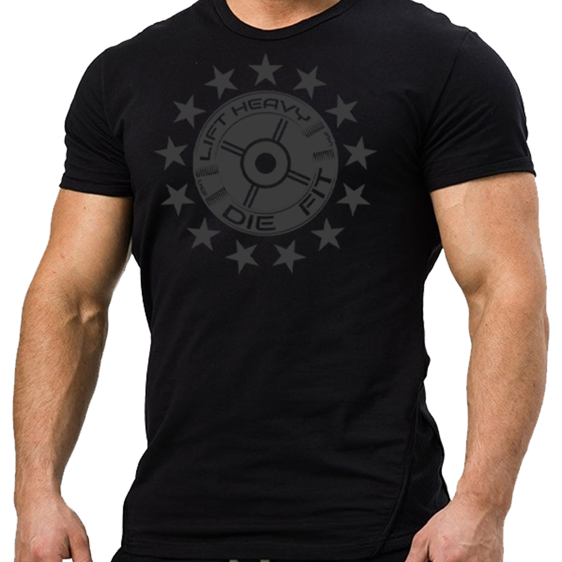 45lb Plate and Stars Gym T Shirt in black, front view, unisex regular fit cotton tee with bold plate graphic