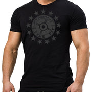 45lb Plate and Stars Gym T Shirt in black, front view, unisex regular fit cotton tee with bold plate graphic