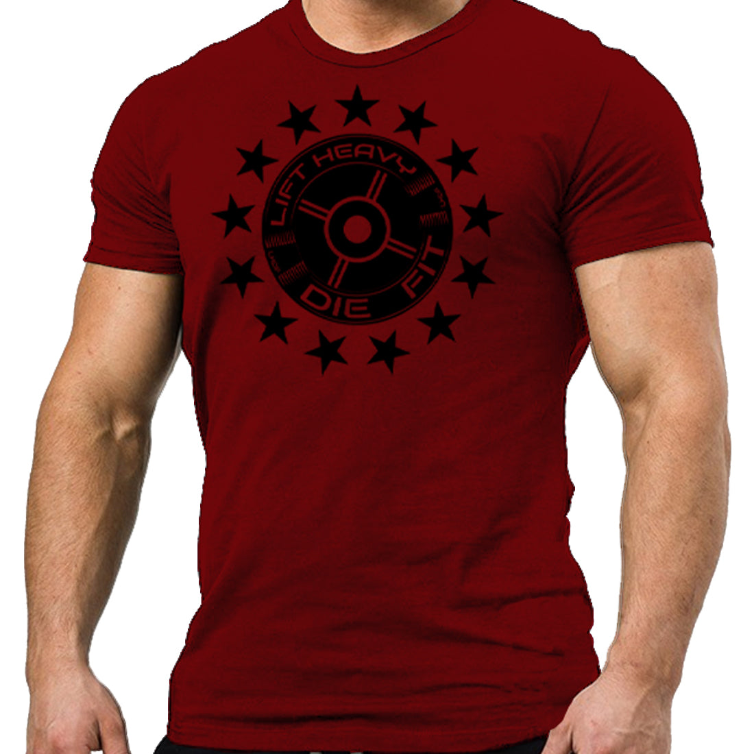 45lb Plate and Stars Gym T Shirt in burgundy, front view, unisex cotton tee with weight plate and stars design