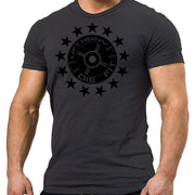 45lb Plate and Stars Gym T Shirt in dark grey, front view, regular fit unisex tee for weightlifters