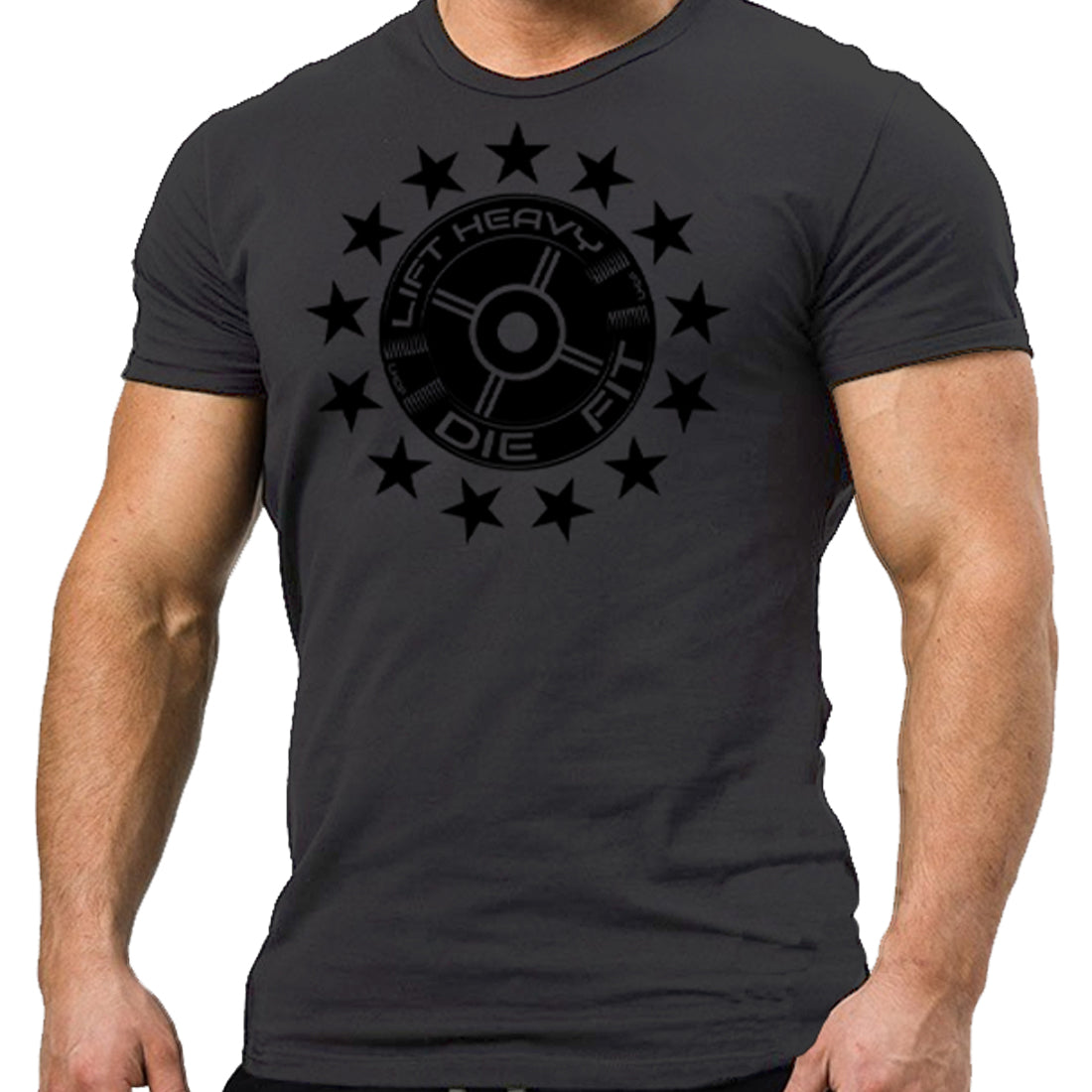45lb Plate and Stars Gym T Shirt in dark grey, front view, regular fit unisex tee for weightlifters