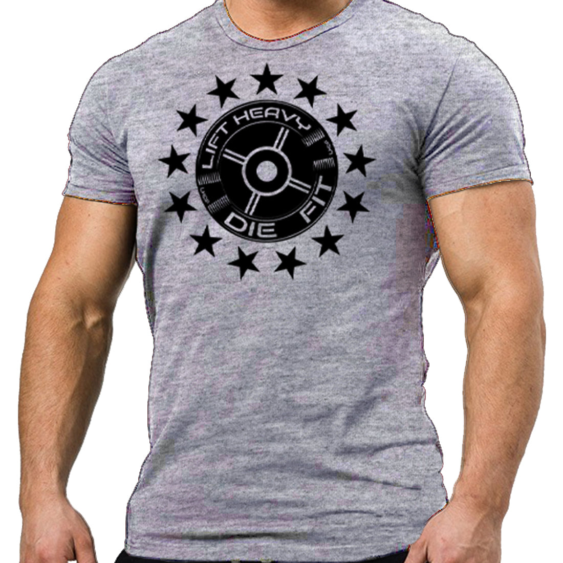 45lb Plate and Stars Gym T Shirt in heather grey, front view, medium weight cotton unisex fitness tee